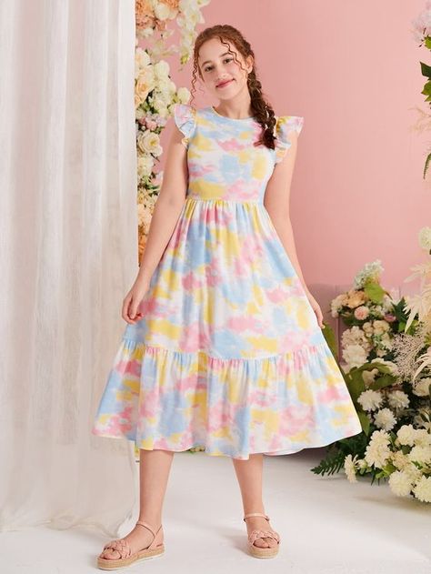 Ruffled Sleeve Dress, Kids Summer Dresses, Tie Dye Party, Girls Party Wear, Simple Frocks, Dress With Ruffle Sleeves, Dress With Pleats, Video Tiktok, Teen Girl Dresses