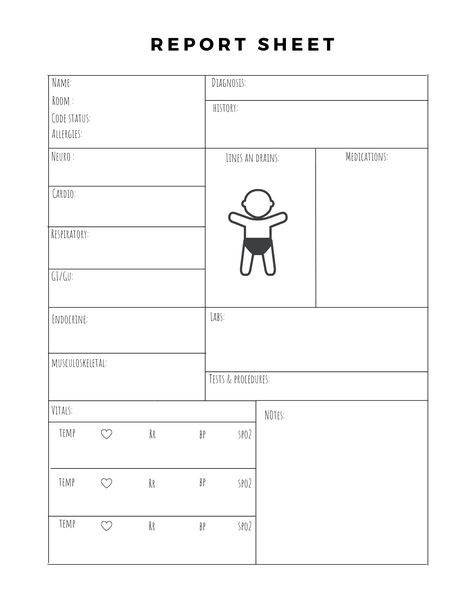 Elevate your pediatric nursing practice with our specially crafted Pediatric Nurse Report Sheet. Designed with the unique needs of young patients in mind, this custom report sheet helps you keep vital information organized while providing a cheerful and child-friendly design. Whether you're a pediatric nurse, a parent, or a healthcare professional who adores all things child-related, this report sheet is the perfect addition to your daily routine. Pediatric Report Sheet, Pediatric Nurse Report Sheet, Nicu Report Sheet, Nursing Report Sheet Templates, Nursing Med Surg, Nursing Templates, Patient Report Sheet, Nurse Brain Sheet, Nurse Study