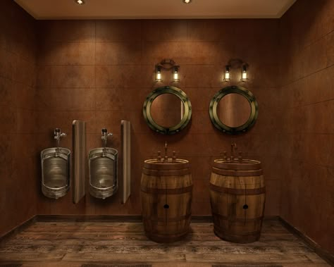 Brewery Bathroom Ideas, Barrel Sink Bathroom, Bar Bathroom Ideas, Unique Bathrooms, Barrel Sink, Brewery Bar, Primitive Bathrooms, Bathroom Rustic, Man Cave Room