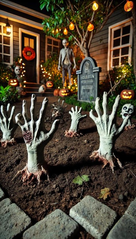 20 Easy DIY Halloween Yard Decorations for an Instant Haunting Effect 52 Yard Decor Halloween Diy, Cute Halloween Crafts Diy, Halloween Graveyard Ideas Diy Front Yard, Diy Cemetery Halloween, Halloween Props Diy Yard Decorations, Halloween Walkway Ideas, Diy Graveyard Halloween, Halloween Graveyard Ideas Diy, Graveyard Halloween Yard