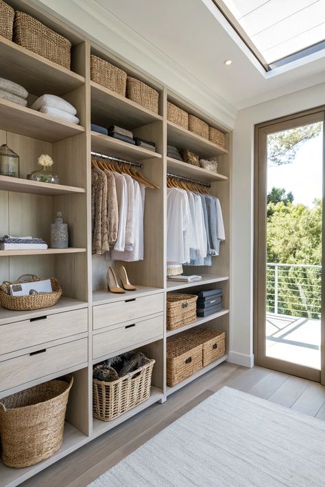 Keep your dressing room organized with smart storage solutions. Use stylish baskets, drawer organizers, and open shelving to maintain a clean and clutter-free environment. Aesthetic Drawers Organization, Dressing Room Built Ins, Closet Organization Ideas Baskets, Bedroom Wardrobe Organization Ideas, Open Shelving Closet, Shoe Shelves In Closet, Organised Cupboard, Spare Room Storage Ideas, Closet Purse Storage