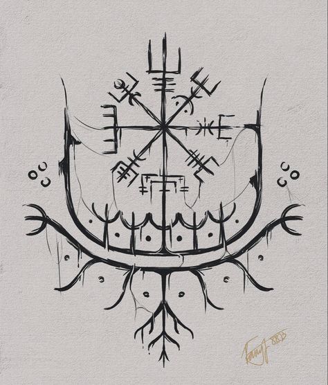 Ruin Tattoos Viking, Norse Tattoo Stencil, Nordic Moon Tattoo, Viking Longboat Tattoo, Viking Painting Ideas, Viking Boat Drawing, Viking Iconography, Nordic Viking Tattoo Design, Viking Designs Pattern