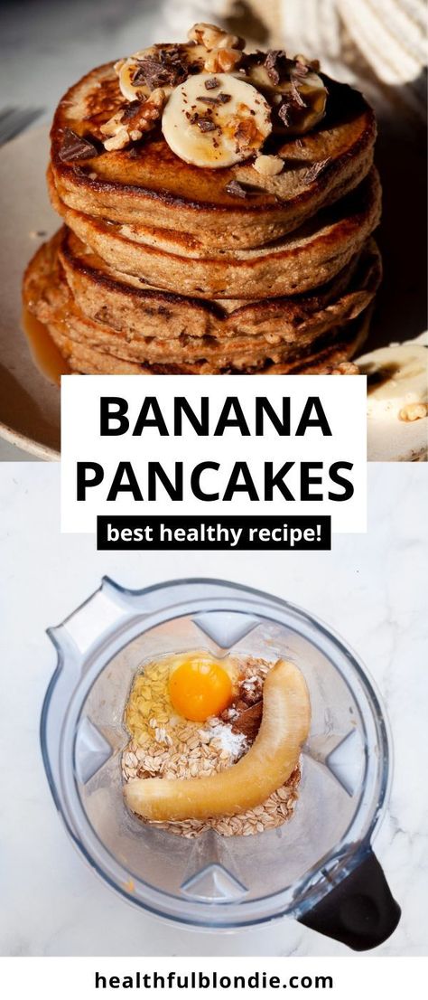 These are the fluffiest and easiest healthy oat flour chunky monkey banana pancakes! They are naturally sweet, made in a blender, and call for 6 simple ingredients like rolled oats, banana, almond milk, and cinnamon. The perfect healthy and gluten-free breakfast! Healthier Pancakes, Almond Milk Pancakes, Rice Flour Pancakes, Oat Flour Muffins, Fluffy Banana Pancakes, Oat Flour Pancakes, Blondie Recipes, Oat Flour Recipes, Blender Pancakes