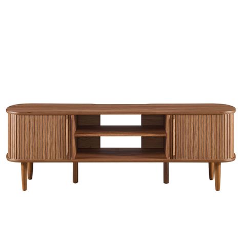 Contour 55" TV Stand - Bed Bath & Beyond - 36984490 High Tv Stand, Midcentury Tv Stand, Tv Stand Brown, Mid Century Cabinet, Recreation Room, Entertainment Console, Media Stand, Modern Addition, Living Room Lounge