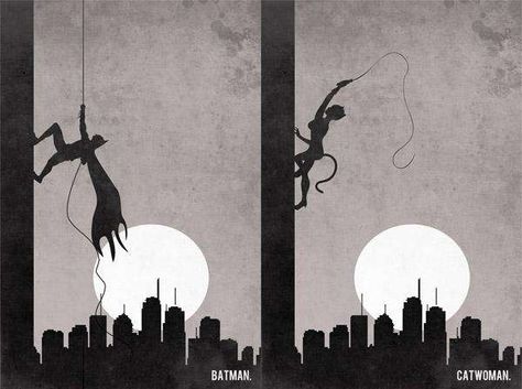 Batman and catwoman silhouette Levi Painting, Gotham City Skyline, Retro Batman, Super Hero Room, Bat And Cat, The Bat And The Cat, Bat And The Cat, Creepy Comics, Musical Design