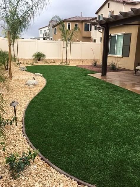 Arizona Turf Backyard, Half Turf Backyard, Turf Ideas Backyard, Rectangular Backyard Design Landscaping, Rock And Artificial Turf Front Yard, Turf And Mulch Backyard, Backyard Landscaping Fake Grass Ideas, Turf Small Backyard Ideas, Turf Landscape Ideas