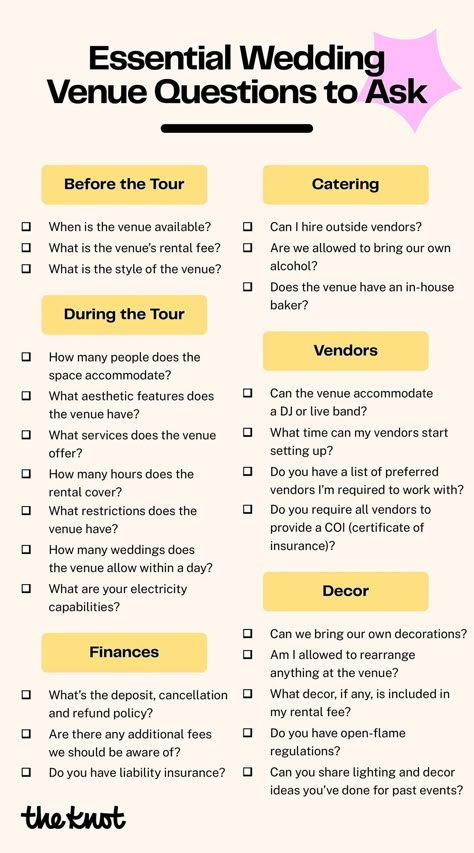 Questions to ask before you book wedding venue. Easily find and book your venue and more vendors on The Knot Vendor Marketplace. Venue Questions, Wedding Venue Questions, Wedding Planning Binder, French Word, Saying Yes, Wedding Planning Guide, Printable Checklist, Affordable Wedding Venues, Cute Wedding Ideas