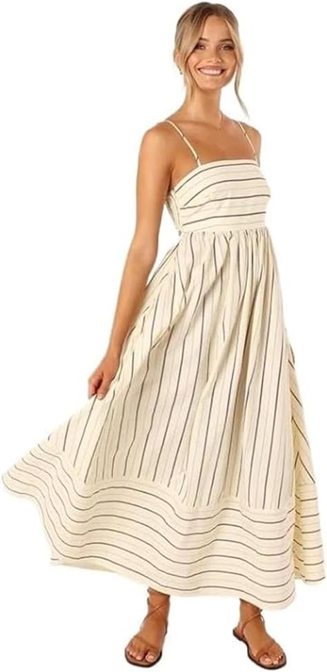 LATETON Striped Dress for Women Striped Sleeveless Suspender with Open Back Large Hem Casual Dress Large Hem Extended Dress at Amazon Women’s Clothing store Long Beach Dress, Midi Slip Dress, Mini Robes, Dress Midi, Dress Plus Size, Flowy Dress, Dress Sleeveless, Amazon Women, Cami Dress