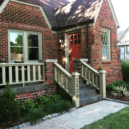 Front Door Colors for Brick Houses Red Brick Cottages, Small Brick Home Exterior, Door Colors For Brick House, What Color Goes With Orange, Red Brick Front Porch, Brick Cottage Exterior, Colored Front Door, Brick House Trim, Red Brick Cottage