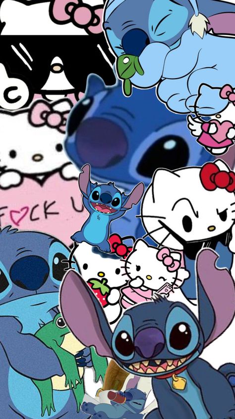 Stitch And Hello Kitty, Hello Kitty And Stitch, Stitch Hello Kitty, Hello Kitty Halloween Wallpaper, X Stitch, Hello Kitty Halloween, Halloween Wallpaper, Lilo And Stitch, Hello Kitty