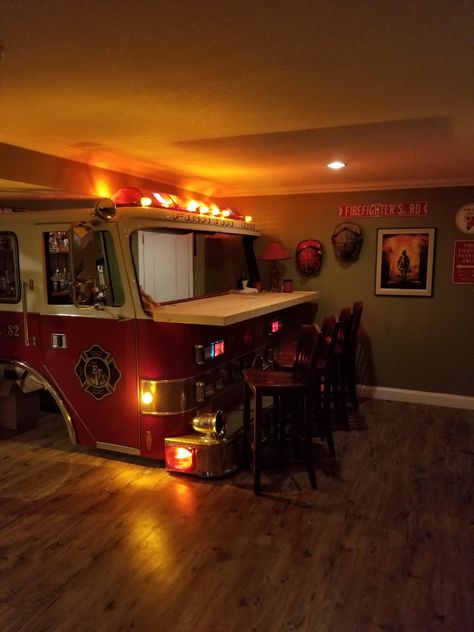 Firefighter Bar, Firefighter Man Cave, Firefighter Room, 57 Chevy Trucks, Man Cave Games, Future Man, Indoor Ideas, Firefighter Quotes, Car Furniture