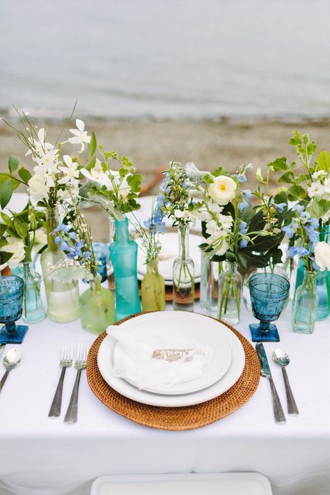 Beach Wedding Reception Tables, Cheap Wedding Table Centerpieces, Sea Glass Wedding, Coastal Wedding Inspiration, Beach Wedding Tables, Blue Wedding Centerpieces, Beach Wedding Decorations Reception, Beach Wedding Centerpieces, Tropical Beach Wedding