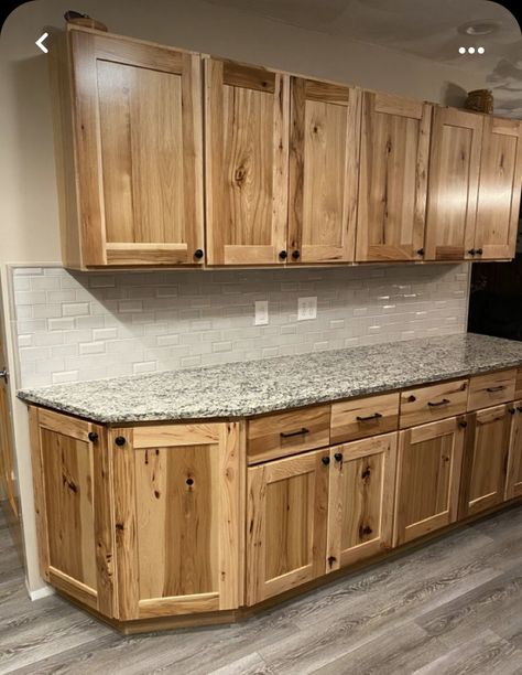 Diy Rustic Home Furniture, Hickory Cabinet Kitchen Ideas, Kitchen Backsplash Hickory Cabinets, Rustic Farm Kitchen Cabinets, Hickory Cabinets With Dark Countertops, Hickory Cabinets With Backsplash, Hickory Cabinets With Grey Flooring, Rustic Hickory Kitchen Cabinets Farmhouse, Modern Hickory Kitchen