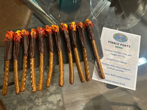 Pretzels, chocolate covered, Survivor Survivor Themed Food Ideas, Survivor Theme Party Food, Survivor Theme Snacks, Survivor Theme Food Party Ideas, Survivor Watch Party Ideas, Survivor Bday Party, Survivor Themed Crafts, Survivor Party Invitations, Survivor Food Ideas