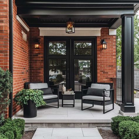 Beautify Your Red Brick Home with These Front Porch Concepts • 333+ Images • [ArtFacade] Red Brick Colonial House Exterior Makeover, Red Brick Home Exterior Ideas, Red Brick Black Door, Red Brick House Patio, Red Brick House Front Porch Ideas, Brick House With Black Door, Black And Red Brick House, Landscaping Red Brick House, Red Brick And Black Exterior