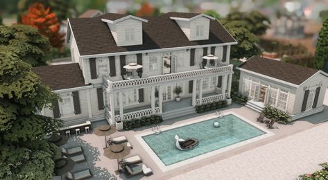 Brindleton Bay Yacht Club 🛥️ | Patreon Clasic Houses, Hamptons Pool, Sims4 Houses, Sims Collection, Cottage Core Bloxburg House, Sims Lots, Vintage Mansion, Sims 4 Modern House, Brindleton Bay