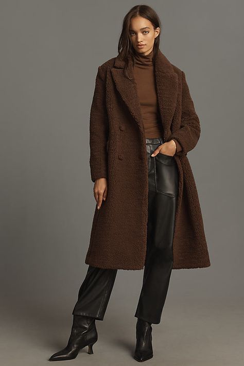 Don't forget a jacket – the season's staple is having a moment. Plush sherpa fleece lends a textural feel to this classic notched-lapel-collar topcoat by Avec Les Filles. | Sherpa-Fleece Notch-Lapel Coat Jacket by Avec Les Filles in Brown, Women's, Size: Medium, Polyester at Anthropologie Parisian Wardrobe, Lapel Coat, Sherpa Coat, Cozy Coats, Wool Coat Women, Anthropologie Jacket, French Girls, Runway Trends, Fall Fits