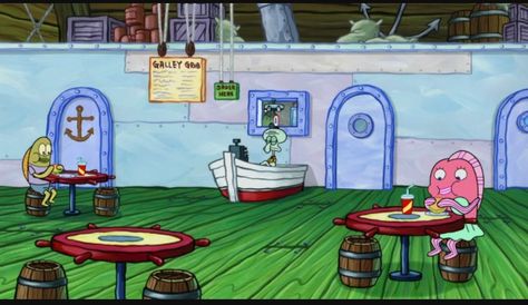 This is the interior of the Krusty Krab. What makes successful is the items in it. The tables, the chairs, the menu, the cash register, and Squidward in uniform helps show that the Krusty Krab is a restaurant. Minecraft Krusty Krab Inside, Krusty Crab Wallpaper, Krusty Krab Kitchen, Inside Spongebob House, Krusty Krab Wallpaper, Spongebob Desktop Wallpaper, Krusty Krab Inside, Doraemon Room, Spongebob Krusty Krab