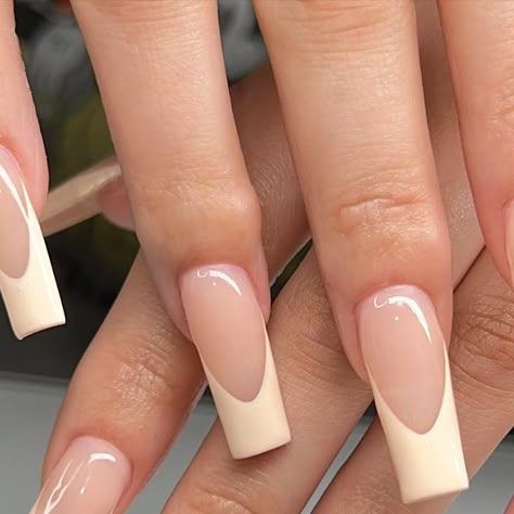 Cream Colored Nails Acrylic, Thick French Tip Nails Coffin, Creme French Tip Nails, Tan French Tip Nails, Cream French Tip, Beige French Nails, Cream French Tips Nails, Beige French Tip, Beige French Tip Nails