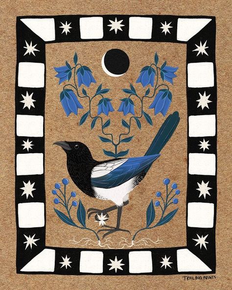 Cottagecore Illustration, Magpie Art, Hare Painting, Arte Folk, Folk Art Flowers, Scandinavian Folk Art, Art Hobbies, Folk Art Painting, Bird Illustration