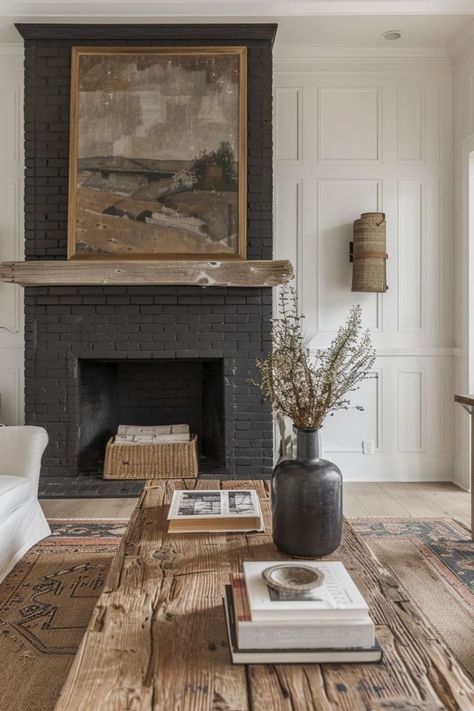 Fireplace Two Windows, Old Wood Burning Fireplace Makeover, Charcoal Grey Fireplace Brick, Blank Wall Next To Fireplace, Update Red Brick Fireplace, Black Hearth Fireplace, Fireplace Ideas Modern Farmhouse, Dark Mantle Fireplace, Brick Fireplace Colors