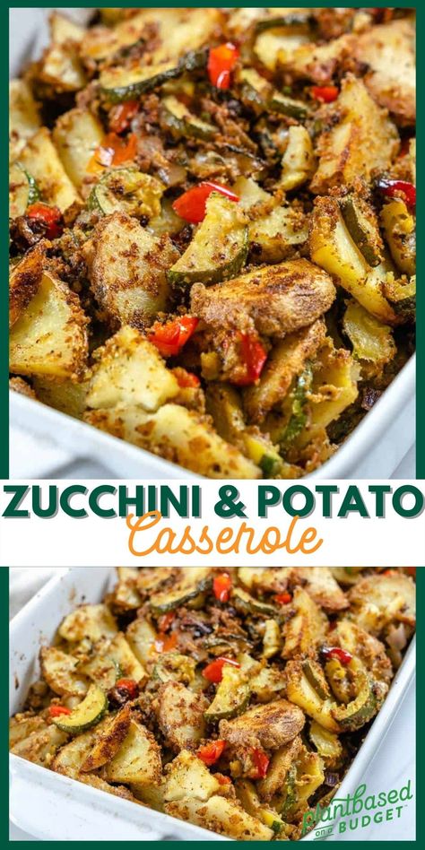 This zucchini potato casserole comprises just seven ingredients and just minutes of prep – perfect for serving up as a summery side dish for potlucks, BBQs, and mid-week meals! Plus, this zucchini potato bake recipe is naturally vegan and can be made gluten-free! | Plant-based on a Budget | #plantbasedonabudget #vegancasserole #zucchinirecipe #potatobake Potato And Zucchini Recipes, Zucchini And Potato Recipes, Potato Zucchini Recipes, Potato Zucchini Bake, Plant Based On A Budget, Vegan Zucchini Recipes, Zucchini Dinner Recipes, Zucchini Casserole Recipes, Zucchini Side Dishes