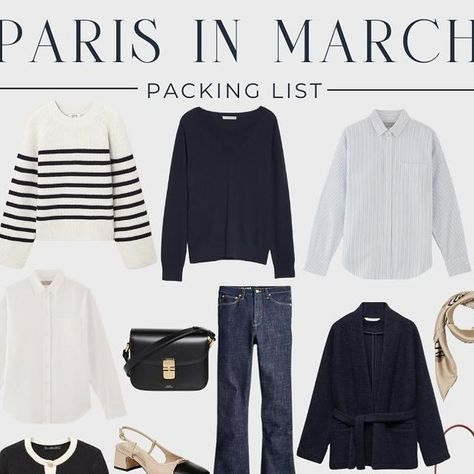 La Vie On Grand | Noelani Meirowsky on Instagram: "What to pack for Paris in March. Sharing packing ideas and inspiration on the blog. Paris is still quite cold in March but here are 24 classic, timeless, and chic pieces to help inspire your own packing list. These are all easy pieces to mix and match and ones which provide maximum versatility. Obviously, every traveler is different, and you know what works for you. And, if you’re not headed to Paris, these can also provide daily outfit inspiration in general." March In Paris, Paris In March, What To Pack For Paris, French Girl Fashion, France Trip, Packing Ideas, Daily Outfit Inspiration, What To Pack, French Girl