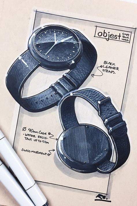 Objest creates beautifully simple, Swiss made watches for designers, architects and creatives. We work with a number of world-class designers to illustrate and sketch Objest watches, these design mavericks teach, craft, and work for lovable brands like Steelcase, Jaguar Land Rover, but above all else they are modern day story tellers. Sketch credit: REID SCHLEGEL Watch Sketch Design Illustrations, Watch Illustration Design, Watch Product Design, Watch Design Sketch, Watch Illustration, Watch Sketch, Clock Drawings, Wrist Watch Design, Watch Drawing