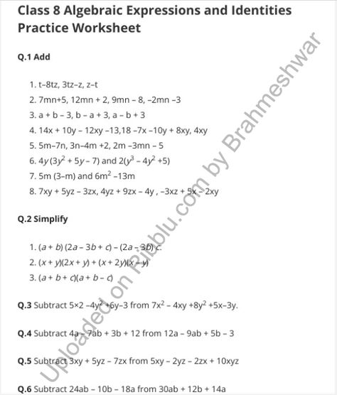 Algebraic Expressions and Identities Worksheets for Class 8 Maths Fun, 8th Grade Math Worksheets, Maths Syllabus, Fun Math Worksheets, Maths Worksheets, Scientific Notation, Algebra Worksheets, Algebraic Expressions, Word Problem Worksheets