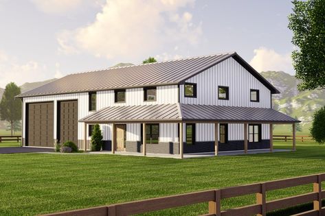 Farmhouse Style House Plan - 3 Beds 2.5 Baths 2456 Sq/Ft Plan #1064-111 - BuilderHousePlans.com Farmhouse Craftsman, Oversized Garage, Barndominium House, Barn Plan, Barndominium Plans, Pole Barn House Plans, Barn Style House Plans, Metal House, Barndominium Floor Plans