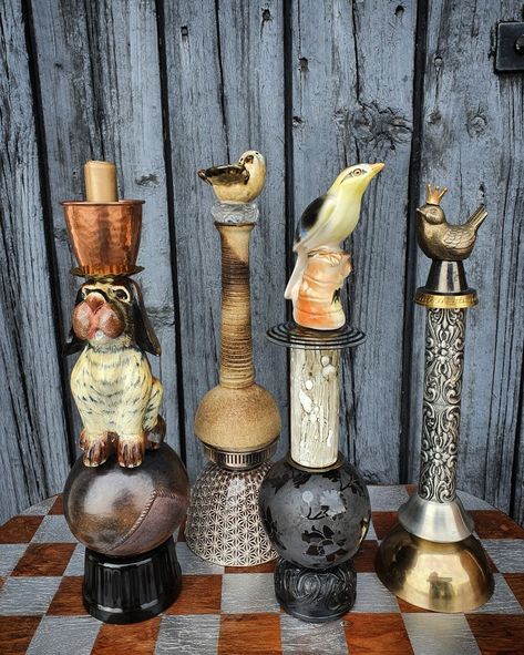 Upcycled Candlesticks, Decorating With Sticks, Glassware Crafts, Repurposed Decor, Upcycle Crafts Diy, Found Object Jewelry, Steampunk Crafts, Repurposed Art, Headpiece Diy