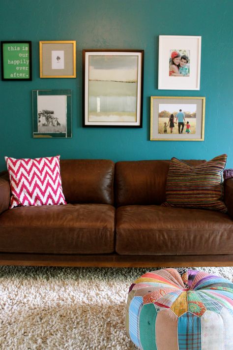 Leather Sofa Boho, West Elm Leather Sofa, Cognac Leather Sofa, Ocean Bedroom, Vibe Rooms, Office Paint Colors, Green Lounge, Office Paint, Teal Sofa