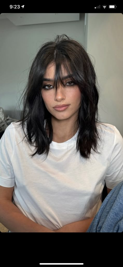 Short Hair With Layers Grunge, Black Hair Layers Medium With Bangs, Brunette Hair Wispy Bangs, Types Of Medium Length Haircuts, Rocker Girlfriend Hair, Shaggy Medium Hair Straight, Short Height Outfits Women, Blowout Without Round Brush, Messy Mullet Women