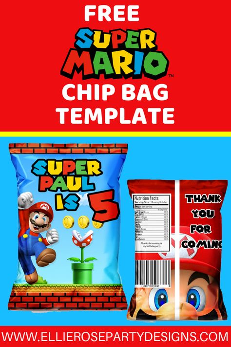 Free DIY Super Mario Chip Bags.These easy Chip Bag printables are a great party idea that can be used as party favors, goodie bags or just a perfect decoration to add to your dessert party table setup. Mario Chip Bags, Super Mario Chip Bag, Super Mario Free Printables, Super Mario Free, Super Mario Party Favors, Super Mario Brothers Party, Goodie Bag Ideas, Mario Bros Birthday Party Ideas, Chips Bags