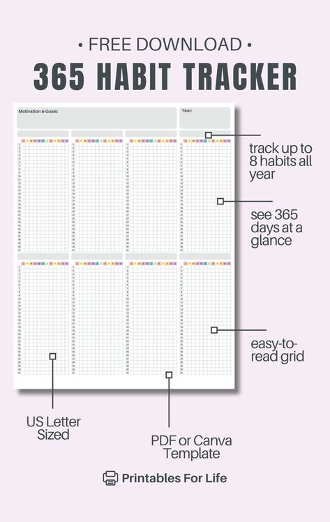 Download this free yearly printable habit tracker to overhaul your lifestyle through daily habits. Track 8 routines all year for lasting change. Habit Tracker Printable Yearly, Yearly Tracker Printable, Yearly Habit Tracker Printable Free, 365 Day Habit Tracker, Yearly Habit Tracker Printable, Printable Trackers Free, Year Tracker, Yearly Habit Tracker, Free Lesson Planner