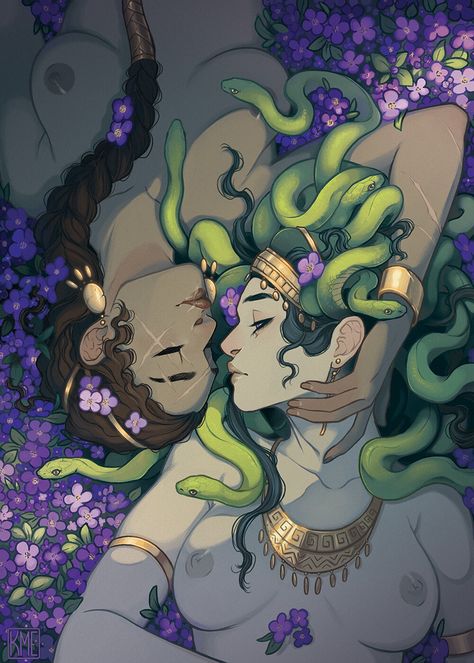 Mermaid X Human Art, Lesbian Medusa Fanart, Medusa Drawing Reference, Drawings Of Goddesses, Mother Nature Fanart, Female Hades Art, Medusa Girlfriend, Moon As A Human, Medusa And Her Blind Girlfriend Fanart