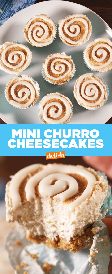 Mini Churro CheesecakesDelish Churro Cheesecake, No Bake Pumpkin Cheesecake, Salted Caramel Fudge, Cheesecake Bar Recipes, Cheesecake Bites, Mini Cheesecakes, Chocolate Tart, Cheesecake Bars, Pumpkin Cheesecake