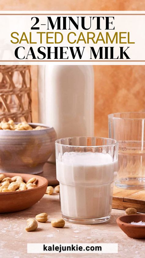 This 2-Minute Salted Caramel Cashew Milk is amazing and truly tastes like salted caramel in a glass! It’s made with just 5 simple ingredients and, like stated before, really comes together in just 2 minutes. Ditch your overpriced coffee creamer and try out this delicious and easy nut milk today! Cashew Milk Creamer, Cashew Coffee Creamer, Nut Milk Recipes, Walnut Milk Recipe, Granola Dessert, Vegan Coffee Creamer, Cashew Coffee, Nut Milk Recipe, Homemade Nut Milk