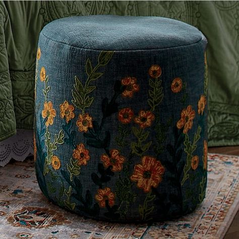 Embroidered Pouf | Seventh Avenue Cottagecore Interior Design, Cottagecore Interior, Moss Rug, Pretty Furniture, Basic Hand Embroidery Stitches, Crystal Room, Country Door, Dream Furniture, Diy Furniture Renovation