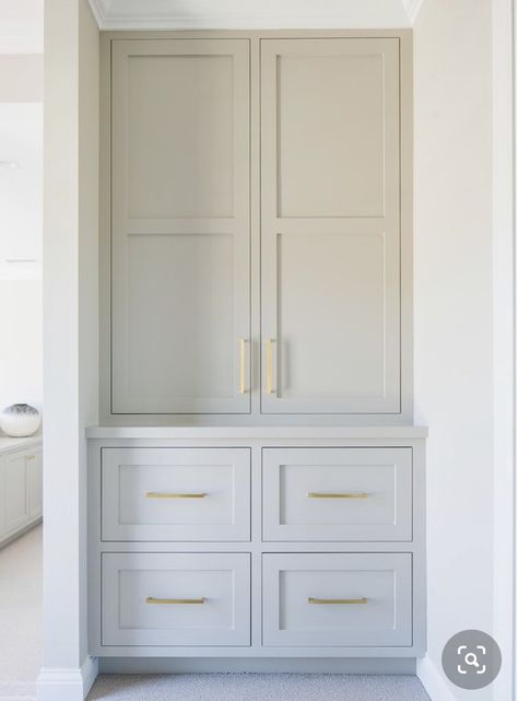 Timeless Jack And Jill Bathroom, Tall Vanity Cabinet, Floor To Ceiling Linen Cabinet, Upstairs Hallway Storage Ideas, L Shaped Powder Room, Corner Linen Closet, Large Linen Closet, Laundry Upstairs, Built In Bathroom Storage