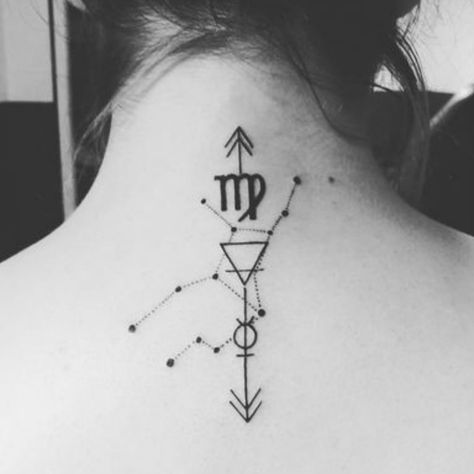 Tatouage de la Vierge Virgo Sign Tattoo, Virgo Tattoo Designs, Virgo Constellation Tattoo, Glyph Tattoo, Yoga Tattoos, Horoscope Tattoos, Virgo Tattoo, Constellation Tattoos, Tattoo Style Drawings