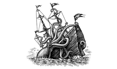 Kraken Drawing, Tattoo Pieces, Nautical Tattoo Sleeve, Burned Hats, Kraken Tattoo, Steven Noble, Boat Tattoo, Woodcut Tattoo, Linear Art