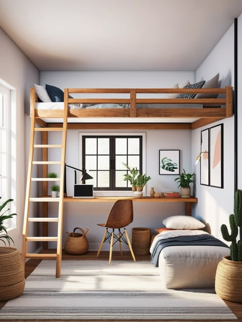 Our loft beds for small rooms are designed to optimize every inch, providing you with a multi-functional and visually appealing solution for limited spaces. #LoftBeds #SmallRoomSolutions #LoftHouseDesign #LowBudgetLiving #SpaceMaximization #CozyBedroom #SmartDesign #TinyLiving #BedroomInspiration #LoftStyle Light For Loft, Bunk Beds Low Ceiling Small Rooms, Studio Loft Bed, Bed With Office Underneath, Tiny Room Loft Bed, Loft Bed For Adults Small Spaces, Small Space Seating Ideas, Loft Style Bedroom Ideas Small Spaces, Loft Small Room