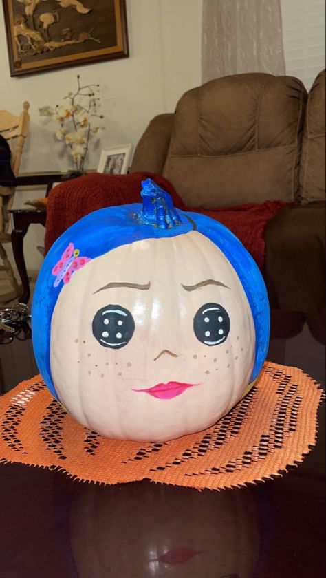 Coraline Painted Pumpkin, Coraline Pumpkin Painting Ideas, Pumpkin Painting Coraline, Pumpkin Painting Ideas Coraline, Pumpkin Painting Ideas Hello Kitty, Coraline Pumpkin Painting, Pumpkin Painting Ideas Girly, Hello Kitty Pumpkin Painting, Coraline Pumpkin