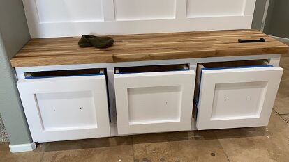 DIY Mudroom Built In | Hometalk Diy Mudroom Bench With Drawers, Diy Drawer Bench, Built In Bench With Drawers, Diy Bench With Drawers, Diy Mudroom Built Ins, Mudroom Cubbies Diy, Built In Hall Tree, Built In Entryway, Mudroom Plans