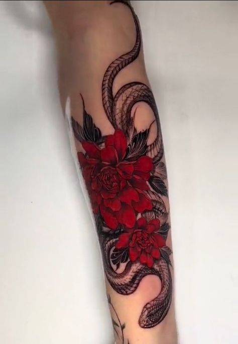 Snake With Flowers Tattoo, Snake With Flowers, Tattoo Red, Flowers Tattoo, Flower Tattoos, Tattoos, Flowers, Red, Quick Saves