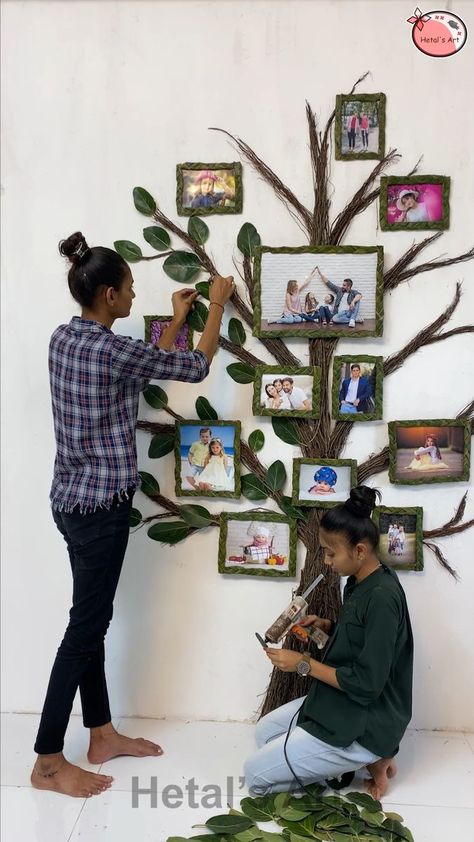 Family Tree Decor For Walls, Family Tree Photo Wall Ideas, Diy Family Tree Wall Decor, Family Tree Display, Hetal's Art, Diy Family Tree, Branch Wall Hanging, Unique Family Tree, Family Trees Diy