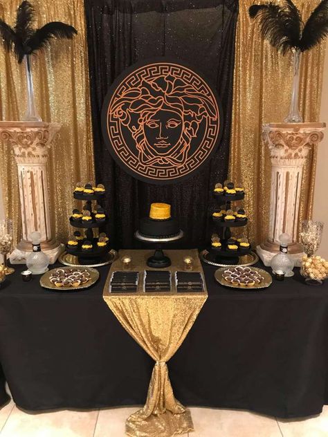 Versace Birthday Party Ideas | Photo 1 of 12 | Catch My Party Versace Themed Birthday Party, Versace Decoration Party, Versace Birthday Party Ideas, Versace Party Theme, Versace Theme Party Ideas, Mafia Birthday Party Ideas, Buchón Party, Versace Party, Golden Birthday Gifts