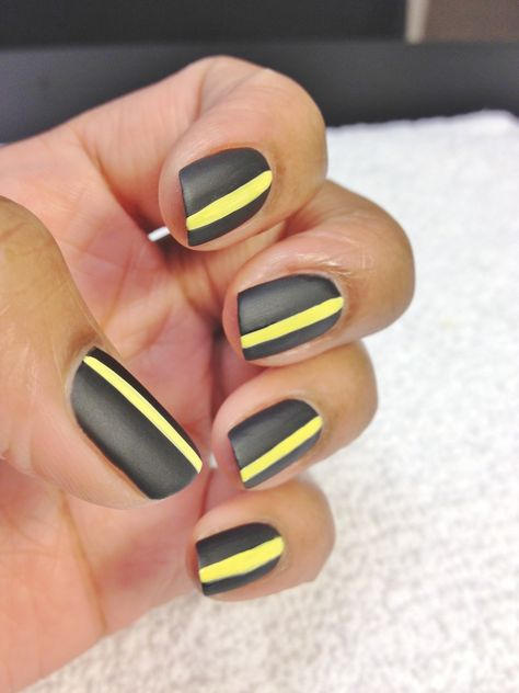 Black Matte with yellow racer stripe Black Yellow Nails, Yellow Black Nails, Soccer Nails, Nails Board, Adorable Nails, I'm Sensitive, Crazy Nails, Striped Nails, Beauty Supplies