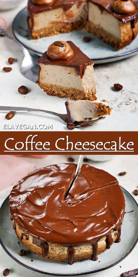 This baked coffee cheesecake is rich and creamy with a healthy crust, smooth coffee filling, and decadent chocolate ganache topping – and all with no dairy! In fact, this mocha cheesecake is gluten-free, vegan, and can be made nut-free and soy-free! Gluten Free Coffee Cheesecake, Elavegan Recipes, Healthy Crust, Coffee Filling, Chocolate Ganache Topping, Ella Vegan, Mocha Cheesecake, Molasses Recipes, Clean Treats